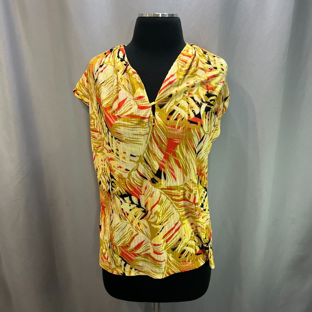 Notations Sleeveless Blouse Top Womens M Multicolor Stretch Tropical Leaf Print